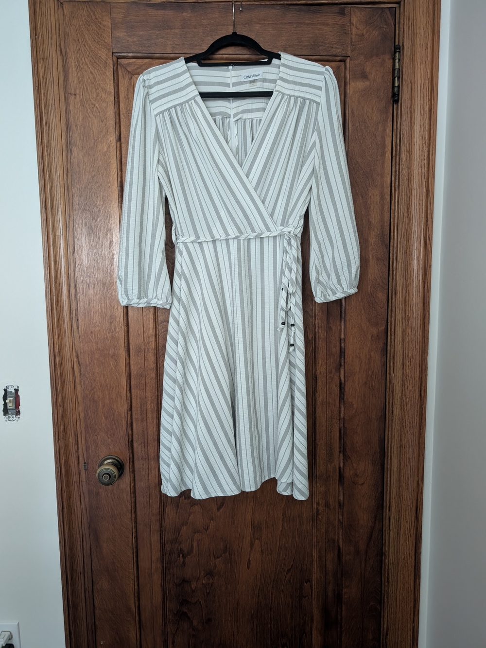 Calvin Klein Cream and Gray Striped Wrap-Style Dress